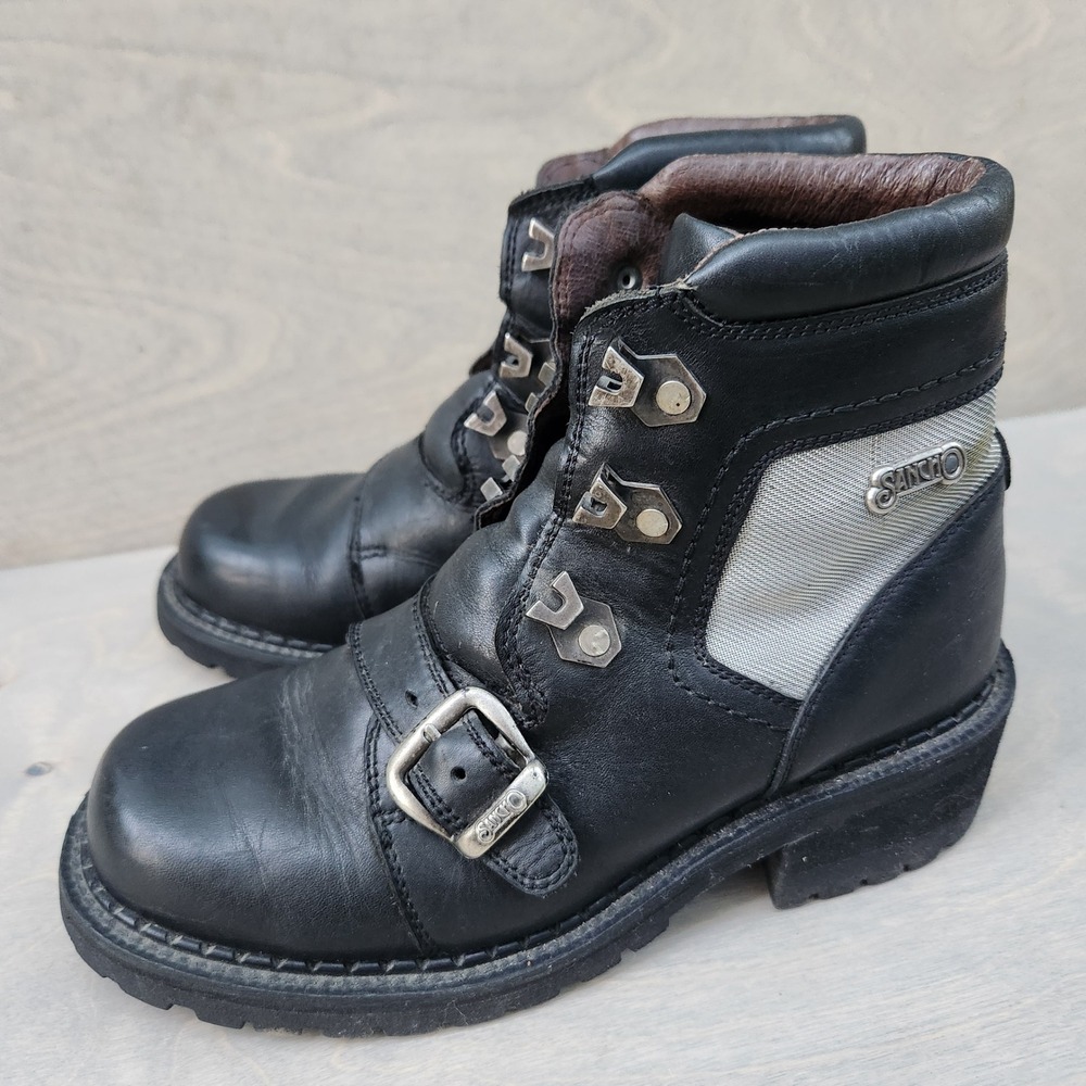 Sancho Boots Black Leather Biker Ankle Moto Booties Silver Accent Hardware‎ 39